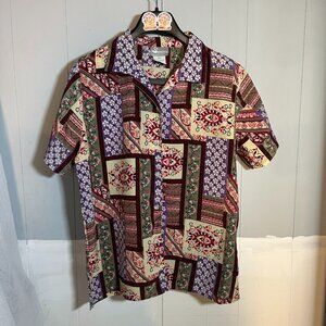 Vintage Swann Button Up Shirt Blouse Size L Womans Patchwork Short Sleeve Padded
